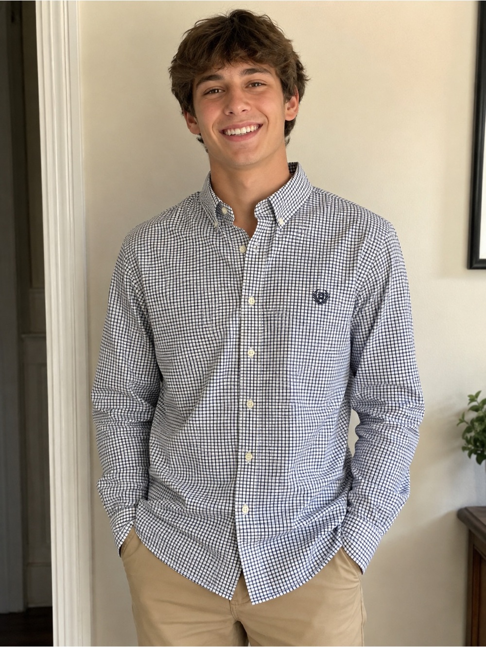 Chaps boys XL 18/20 Navy, black and White Check Button-Down Shirt